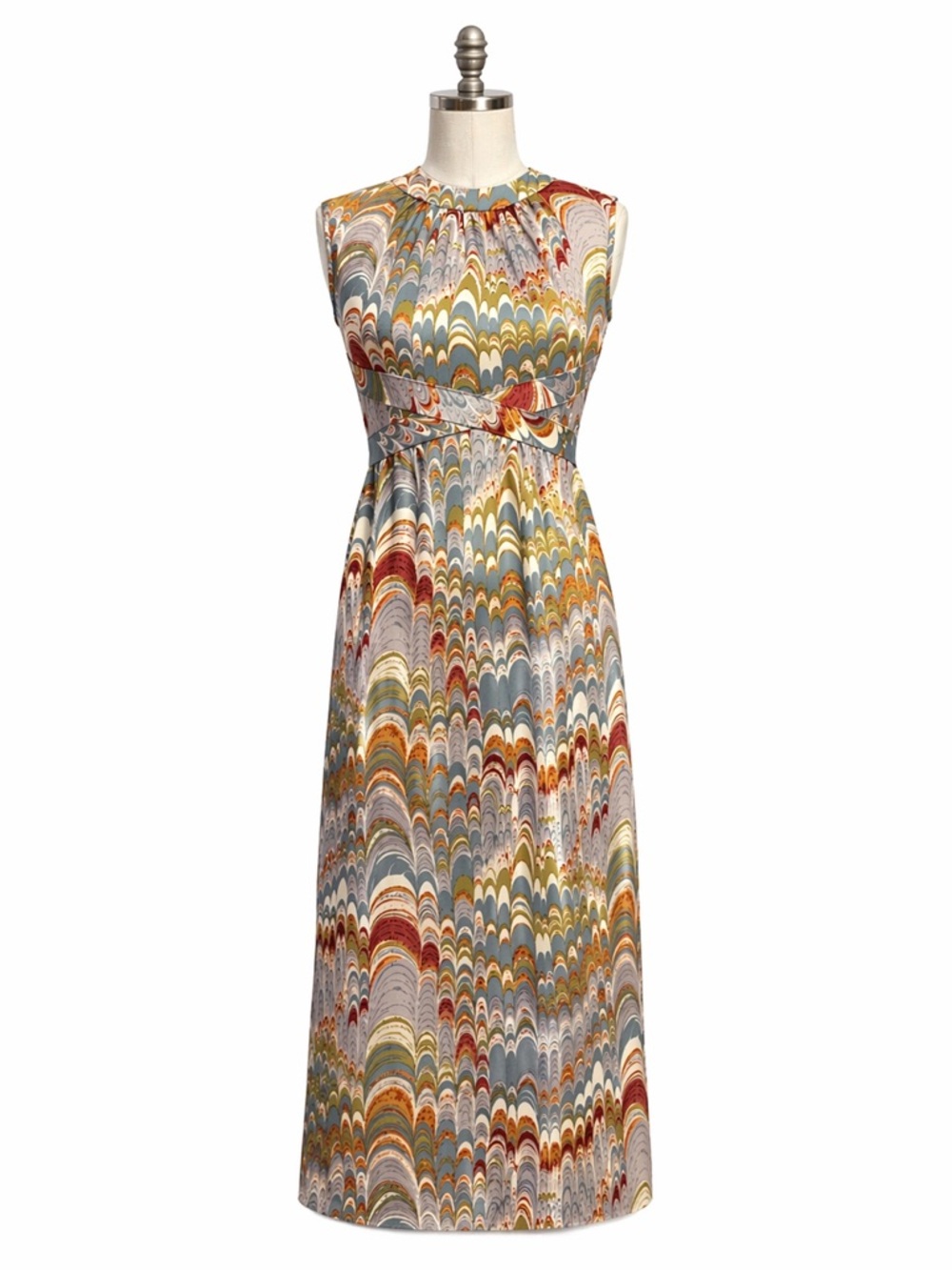 Vintage 1970s Sleeveless Multicolor Marble-Print Maxi Dress